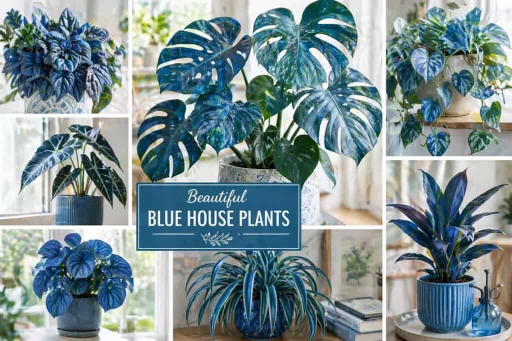 Blue-toned indoor plant collection arranged in a modern home