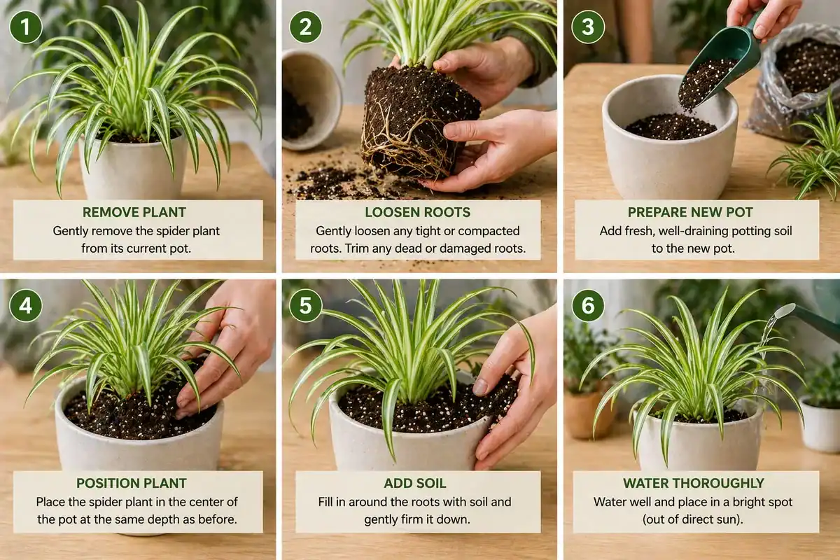 Houseplant repotting guide showing root handling and fresh soil