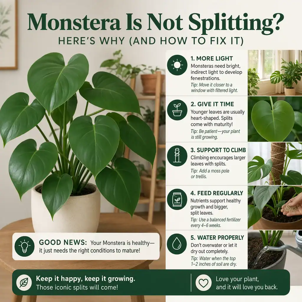 Monstera not splitting infographic with light, support, feeding, and watering guidance