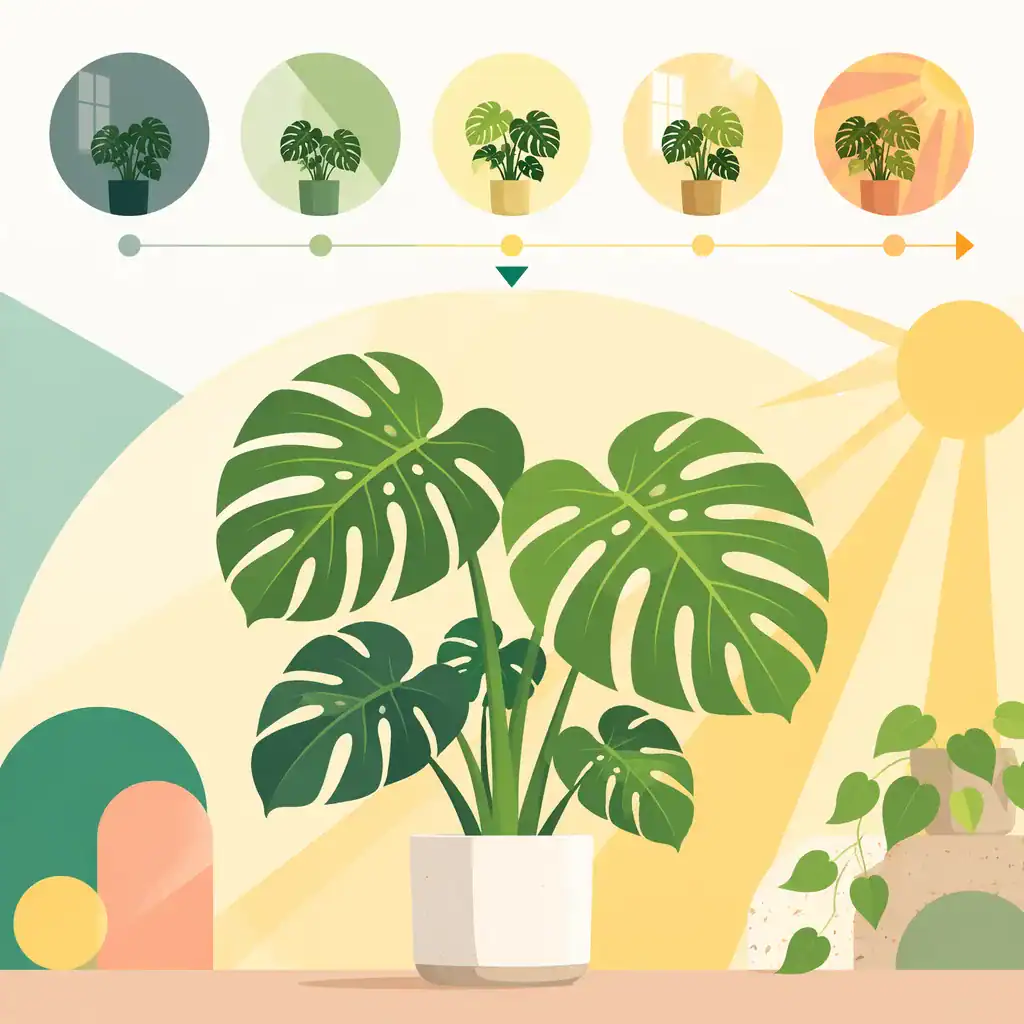 Conceptual flat-design illustration about "Monstera Light Requirements: Best Light for — Monstera Light Requirements: Best Li