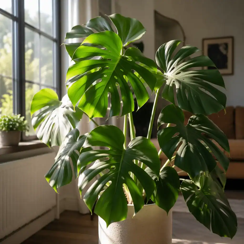 Monstera houseplant receiving bright indirect light near a window
