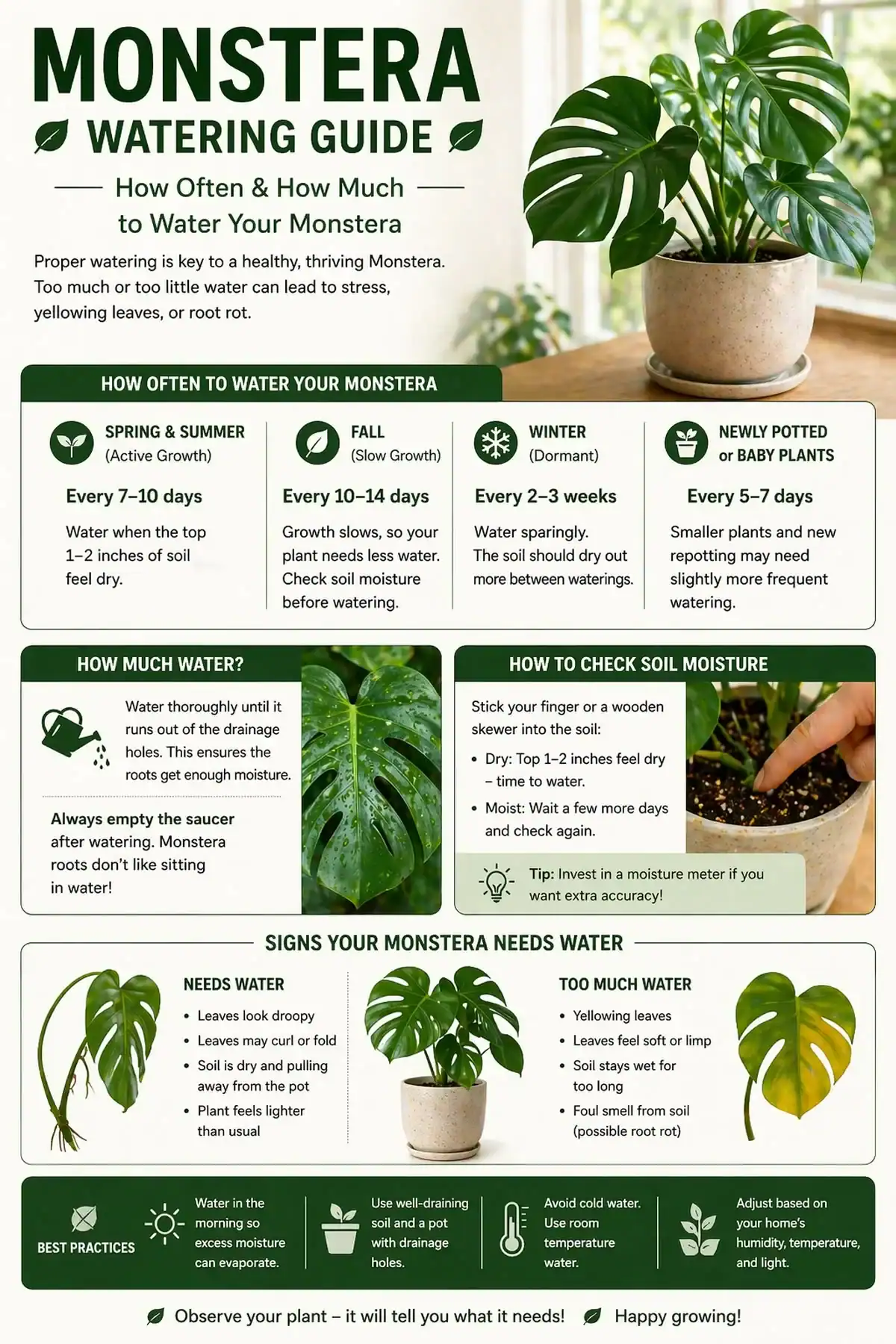 Monstera watering guide infographic showing watering frequency, soil moisture checks, and overwatering signs
