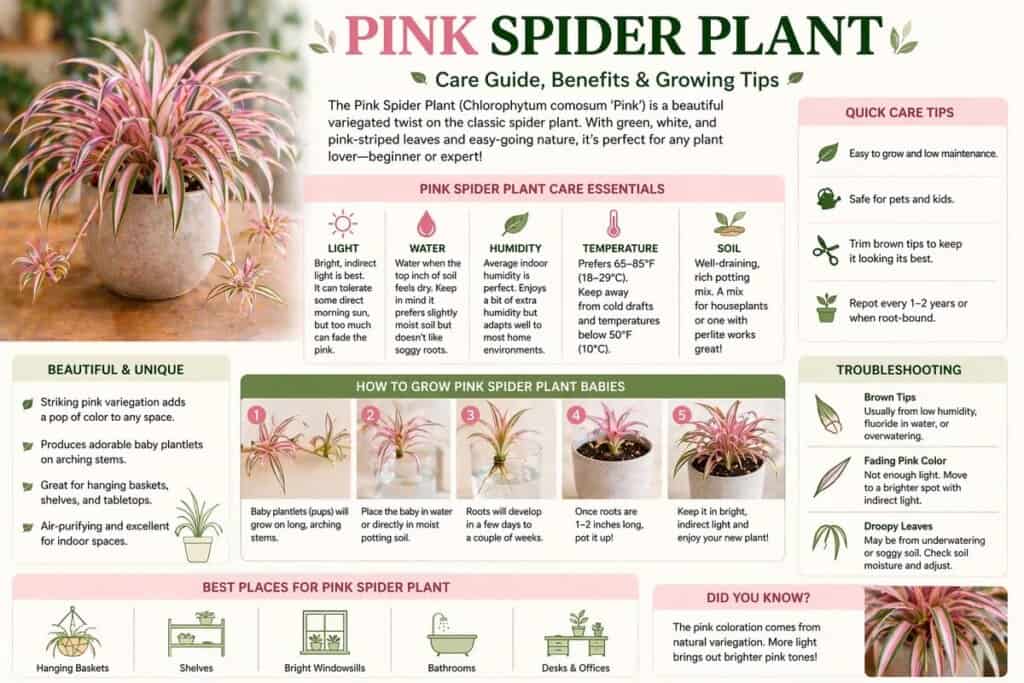 Pink-toned spider plant styled indoors with decorative foliage