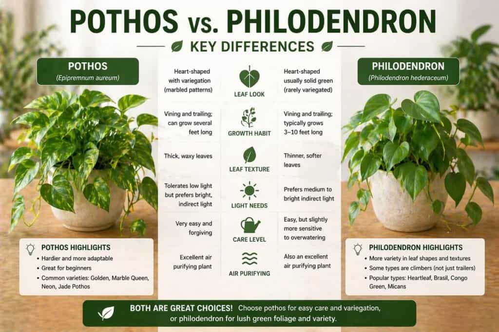 Pothos and philodendron side by side showing leaf shape differences