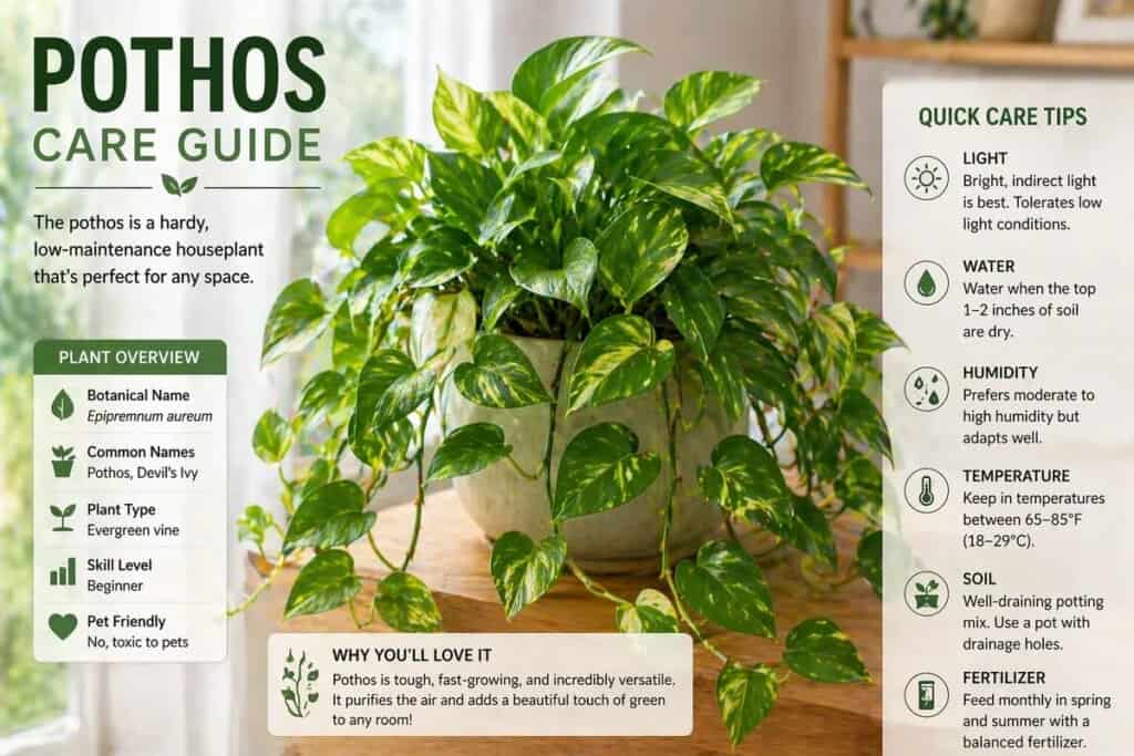 Healthy indoor pothos with lush trailing vines in a bright home setting