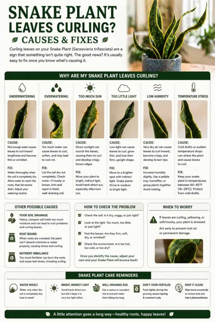 Snake plant with curled leaves and a healthy indoor recovery setup