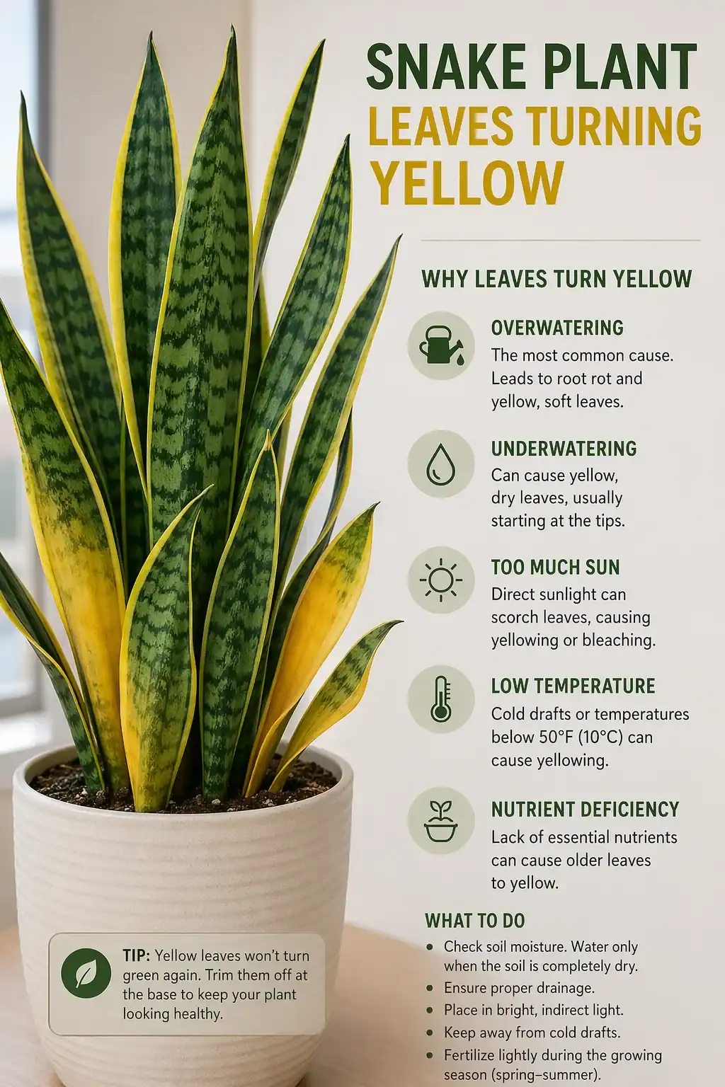 Snake plant leaves turning yellow visual with overwatering, underwatering, too much sun, low temperature, and nutrients