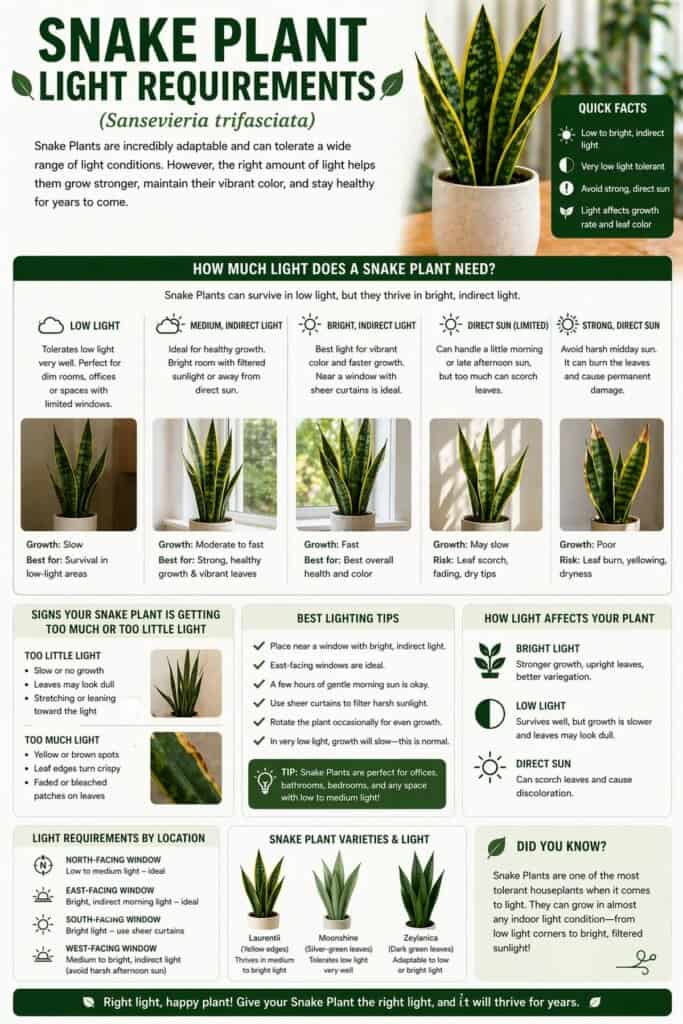 Snake plant placed in ideal indoor light for upright healthy growth
