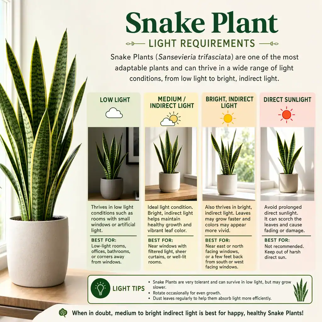 Snake plant light requirements chart showing low light, medium indirect light, bright indirect light, and direct sunlight