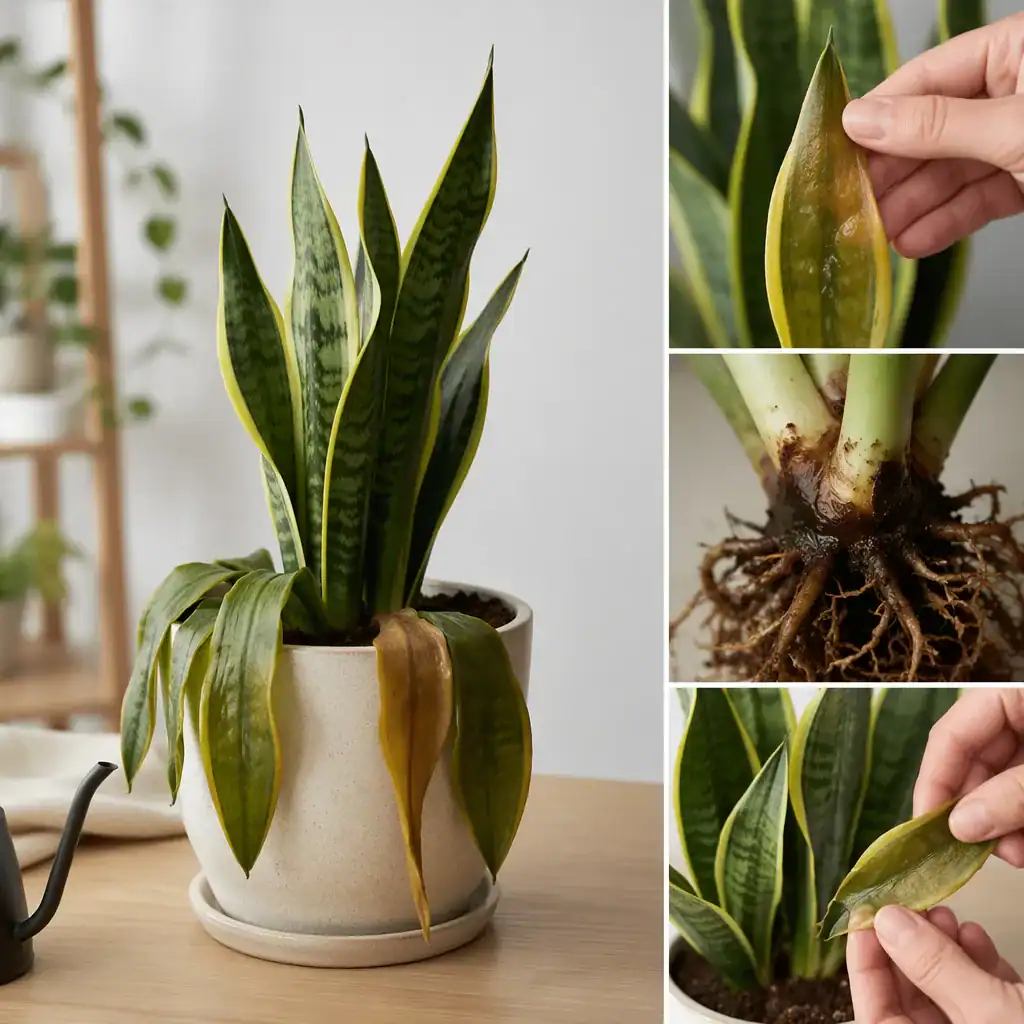 Snake plant mushy leaf and root rot visual