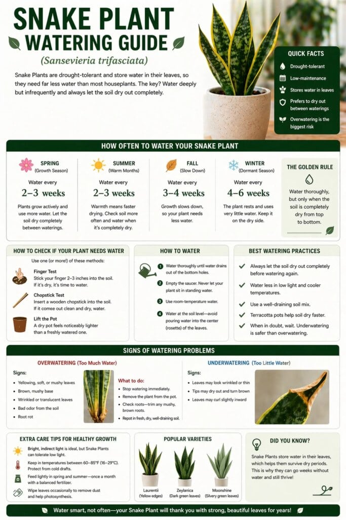 Snake plant with well-draining soil and careful watering setup indoors