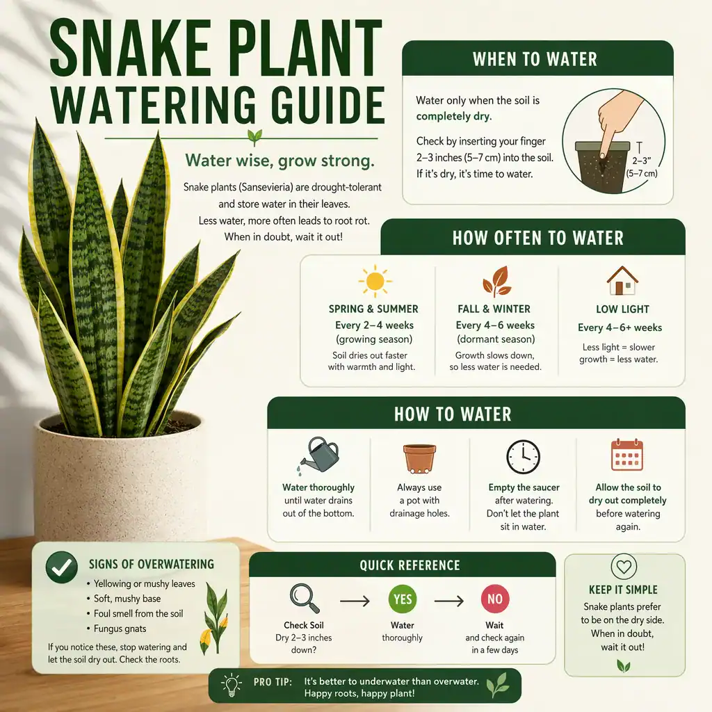 Snake plant watering guide showing how to prevent future rot