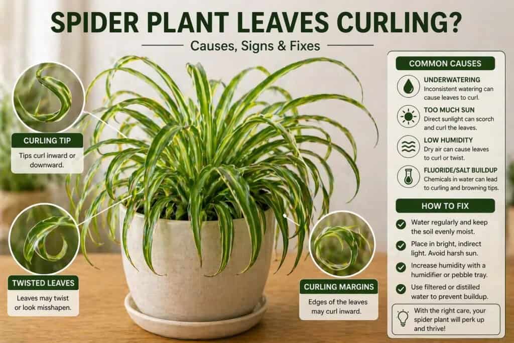 Spider plant with curled leaves showing a common indoor care issue
