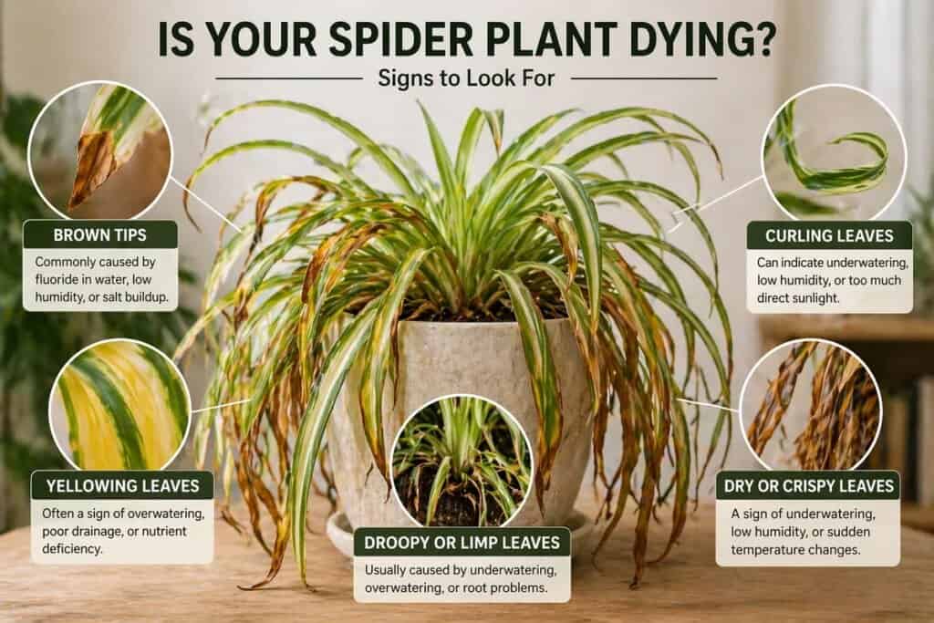 Healthy spider plant with arching leaves in a bright indoor pot