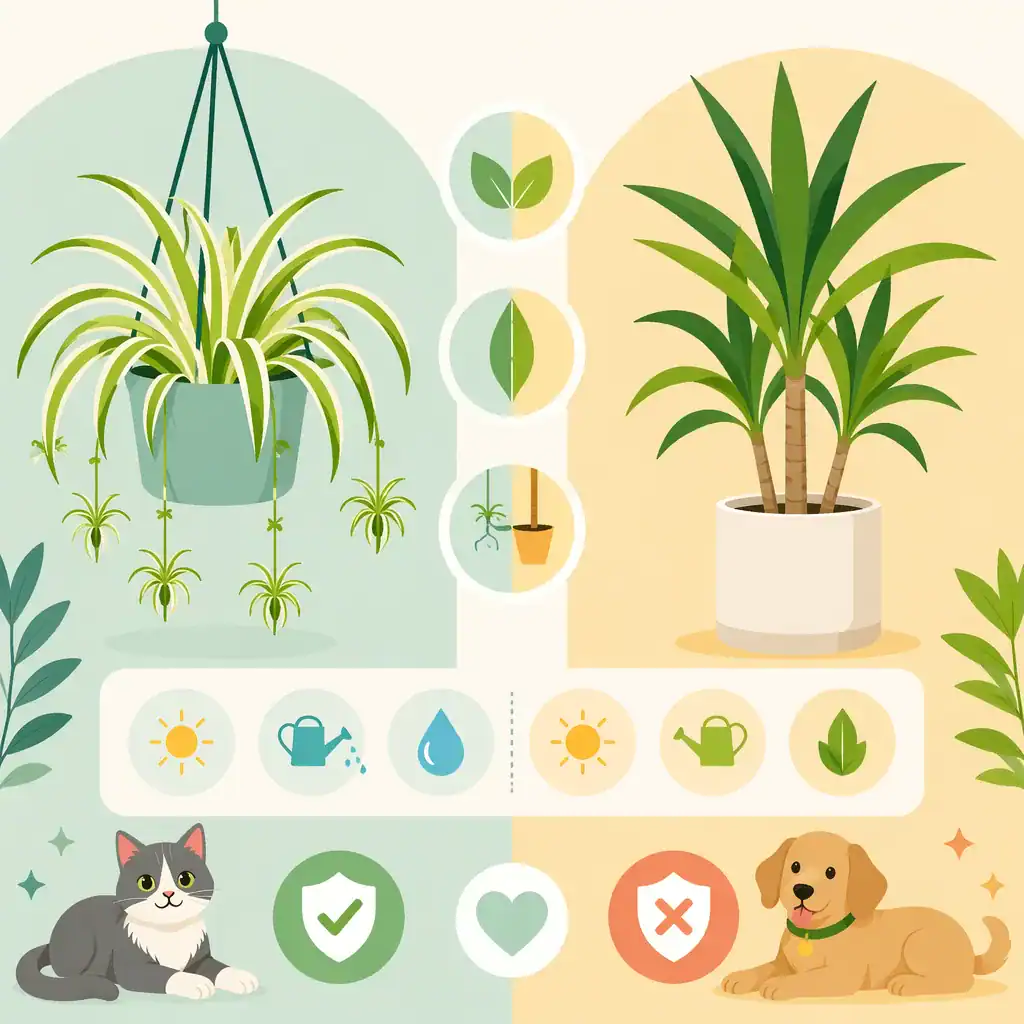 Conceptual flat-design illustration about "Spider Plant vs Dracaena: Key Differences — Spider Plant vs Dracaena: Key Differen